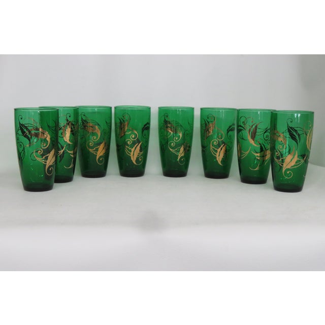 Mid Century Anchor Hocking Green Tumblers Gold Leaves Set of Eight 4603b For Sale - Image 14 of 14