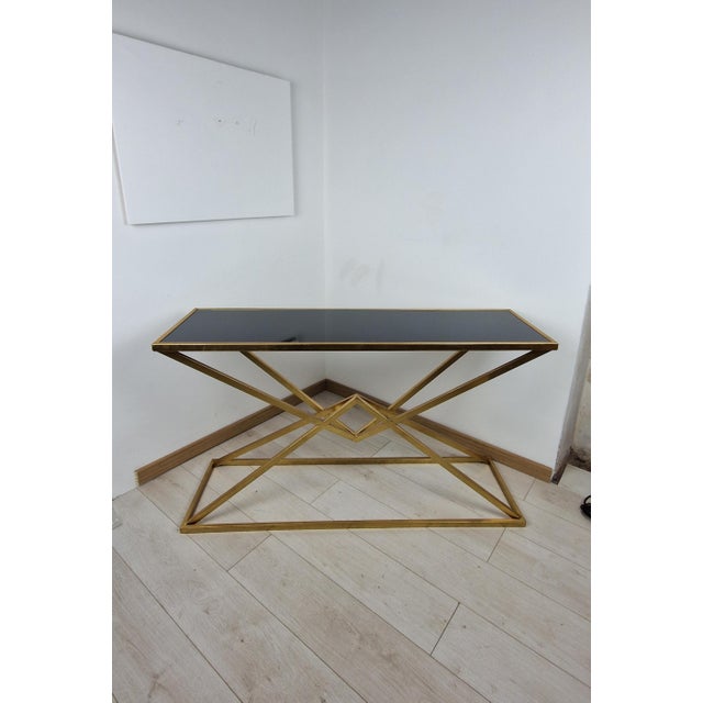 Console Table in Brass-Plated Iron and Black Glass Top For Sale - Image 10 of 10