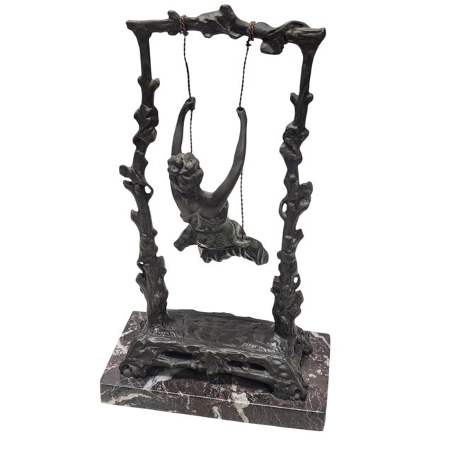 Art Nouveau "Girl on a Swing" Bronze Statue With Marble Base by Auguste Moreau For Sale - Image 3 of 4