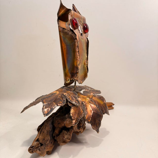 Copper 1970s Brutalist Copper Metal Owl Sculpture Perched on Driftwood With Leaves For Sale - Image 8 of 11