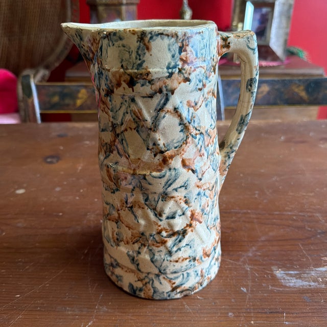 Antique Farmhouse Yellowware Blue and Brown Sponge Decorated Pitcher, Circa 1870's For Sale - Image 11 of 12
