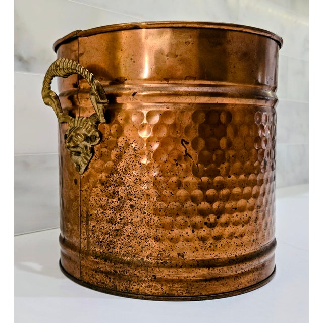 Mid 20th Century Vintage Hammered Copper Coal Scuttle Bucket With Brass Satyr Handle – Fireplace, Hearth, or Umbrella Stand For Sale - Image 5 of 11