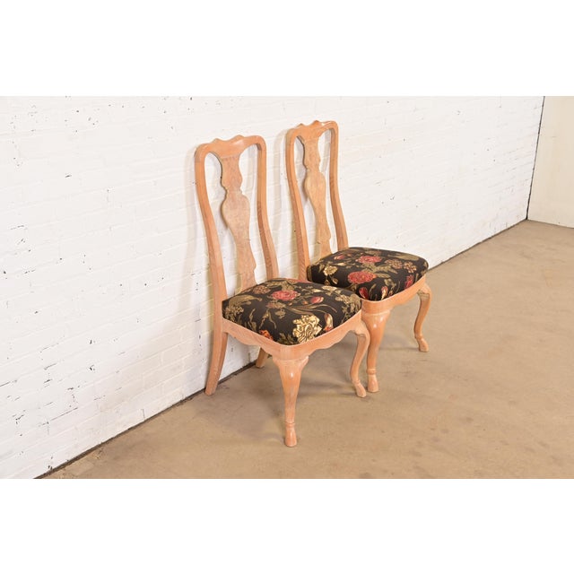 Drexel Heritage Drexel Heritage Queen Anne Carved Oak and Burl Wood Side Chairs or Dining Chairs, Pair For Sale - Image 4 of 11