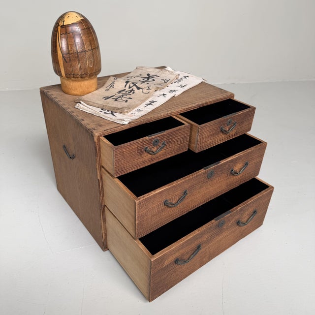 Mid-Century Modern Small Japanese Drawer Cabinet with Black-Lacquered Drawer Interiors, 1930s For Sale - Image 3 of 12