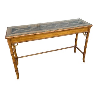 Boho Chic Chippendale Style Faux Bamboo Glass Top Console Table For Sale