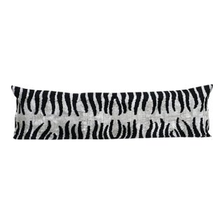 Silk Velvet Ikat Lumbar Pillow Cover – Black and Beige Cushion For Sale