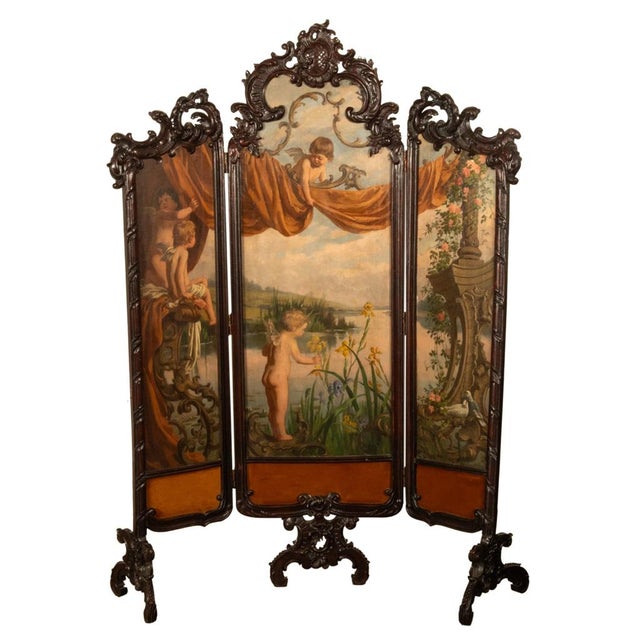 Wood Antique French Rococo Oil Canvas Walnut Painting Landscape Cherubs Screen 1870 For Sale - Image 7 of 18