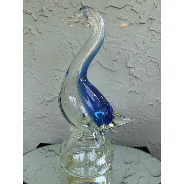 Glass Vintage Blue & Clear Art Glass Swan Sculpture With Controlled Bubble Inclusions For Sale - Image 7 of 12