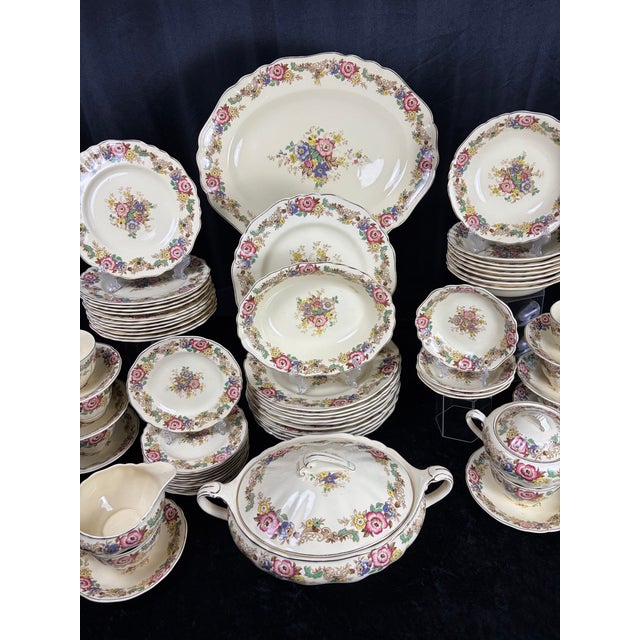 Rare 56-Piece 1930s J & G Meakin "Pilgrim Sunshine" English Ironstone Dinnerware Service With Hostess Spares - Complete Set for 8 For Sale - Image 4 of 15
