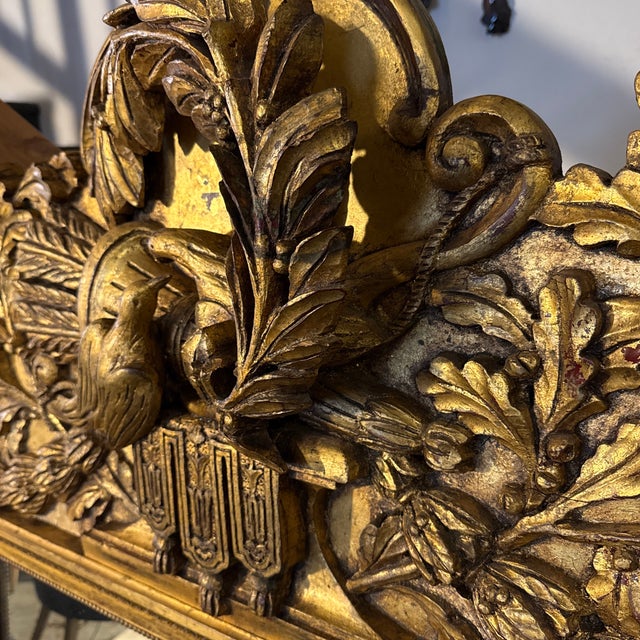 Large Carved Antique Regency Carved Wood Gold Mirror.. 64” Tall. Three Dimensional Carving Doves and Cornucopia. For Sale - Image 6 of 8