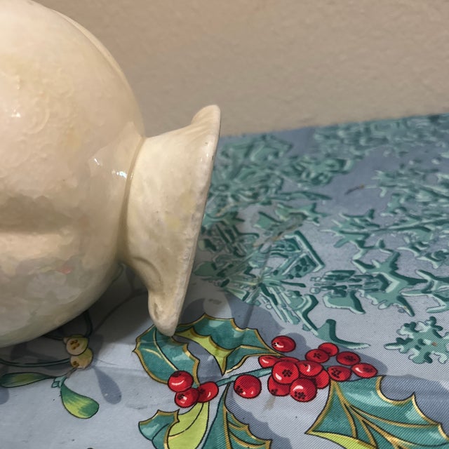Vintage Iridescent Ivory Ceramic Pitcher Vase Hand-Painted Blue Flowers & Gilt Trim For Sale - Image 9 of 10