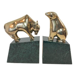Pair of Bear and Bull Wall Street Brass & Marble Bookends For Sale