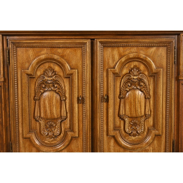 French Regency Louis XVI Carved Pecan Wood Marble Top Sideboard Buffet or Bar Cabinet by Stanley, Circa 1960s For Sale - Image 9 of 13