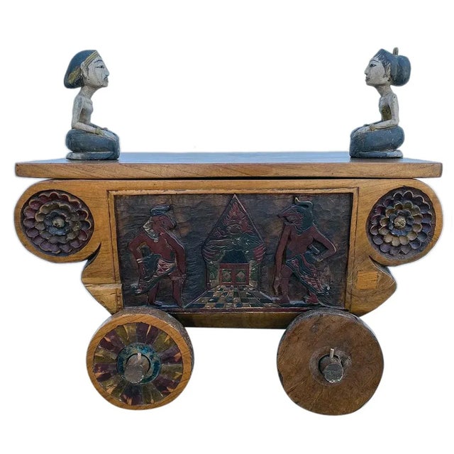 Indonesian Folk Art Painted Teak Figural Wheeled Cart Chairish