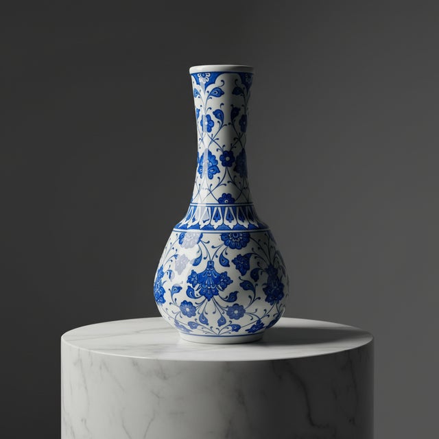 White Handmade Ceramic “Gonca” Vase (25cm) – Classic Blue & White Floral Pattern – Traditional Ottoman Home Decor For Sale - Image 8 of 8