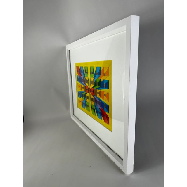 Oil on paper by Eleanor Pierce. Vibrant hues in a Op art geo painting.