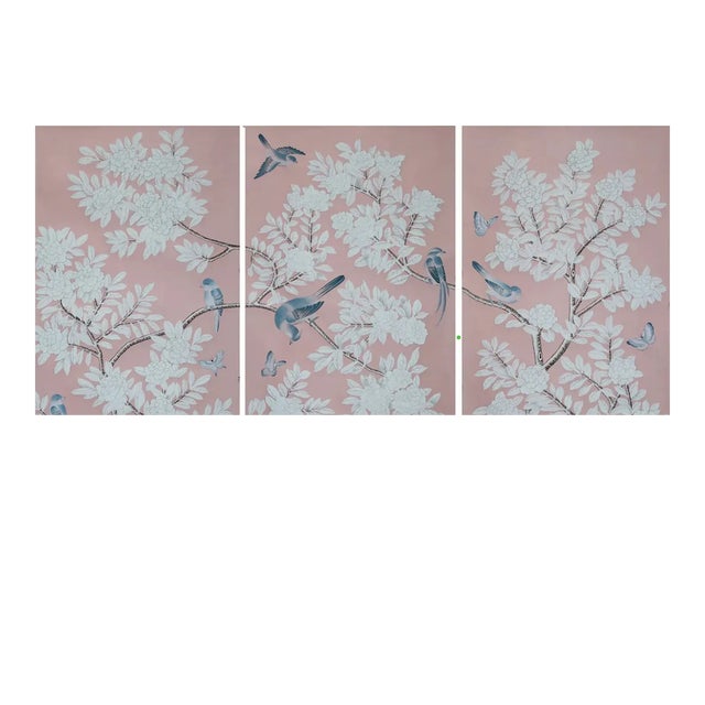 Chinoiserie Chinoiserie Mural Hand Painted Unframed Panel Wallpaper - 3 Panels For Sale - Image 3 of 5