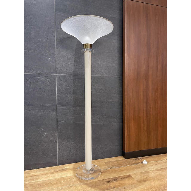 Postmodern Vintage Lucite, Brass & Frosted Acrylic Torchiere Floor Lamp For Sale - Image 3 of 5