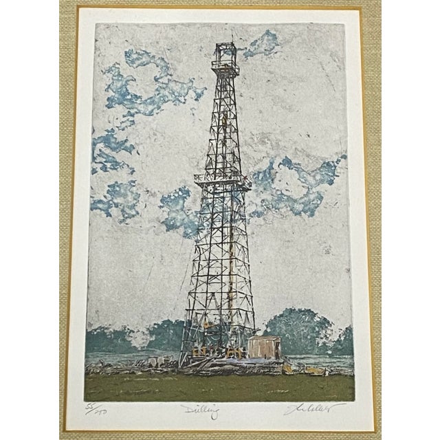 John Collette "Drilling" Original Drypoint Etching W/ Aquatint C.1980 Plate dimensions 6" wide x 9" high The frame...