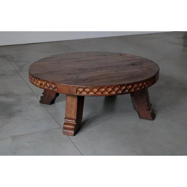 Rustic Round Carved Oak Coffee Table, Netherlands, 1950s For Sale - Image 4 of 8