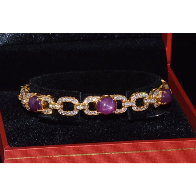 Red Gia Natural 25.14Cts vs F Diamond Unheated Star Ruby Solid 18k Gold Stacking Tennis Bracelet For Sale - Image 8 of 11