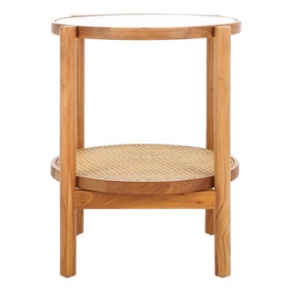 Karyna Rattan & Glass Accent Table With Shelf in Clear / Natural For Sale