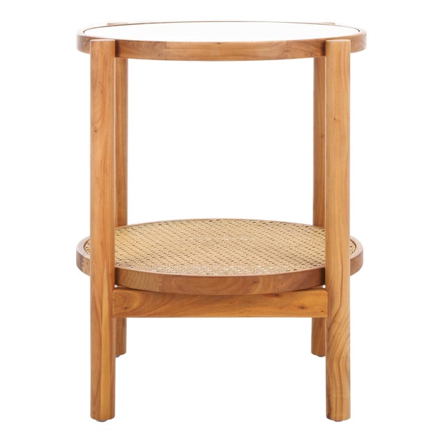 Karyna Rattan & Glass Accent Table With Shelf in Clear / Natural For Sale