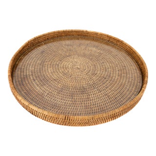 Artifacts Rattan Round Serving/Ottoman Tray with Glass Insert in Honey Brown - 19" For Sale