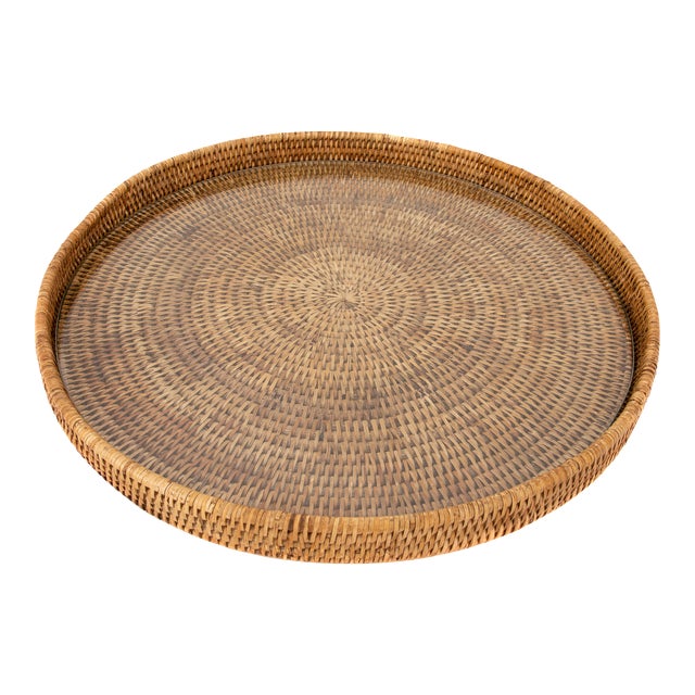 Artifacts Rattan Round Serving/Ottoman Tray with Glass Insert in Honey Brown - 19" For Sale