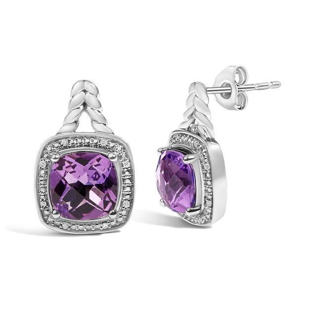 Contemporary Sterling Silver Cushion Cut Amethyst and Diamond Accent Halo Drop Earrings, Pair For Sale - Image 3 of 4