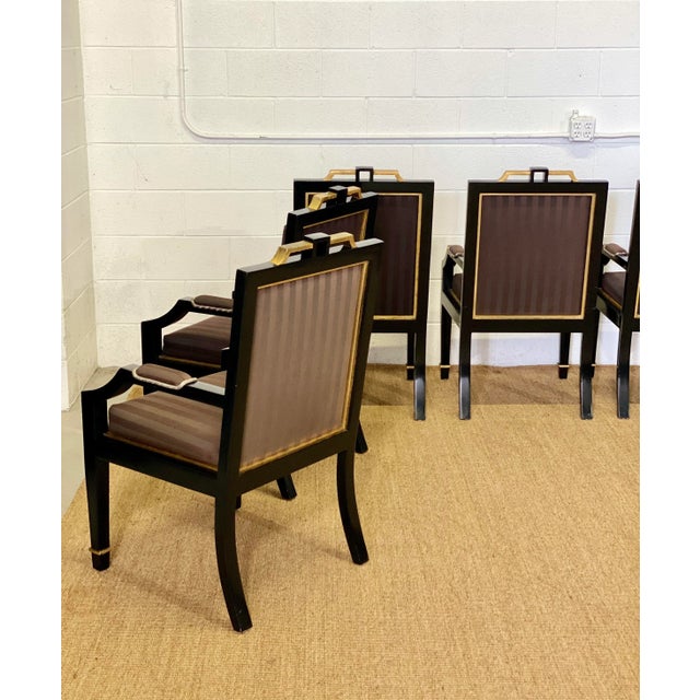 1980s Hollywood Regency Black Lacquer and Satin Dining Armchairs – Set of 8 For Sale - Image 10 of 13