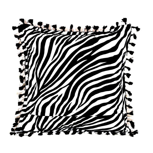 Contemporary Scalamandre-Style Zebra Print Velvet Double- Sided Pillow Cover With Bicolor Fringe and Trim For Sale - Image 11 of 13