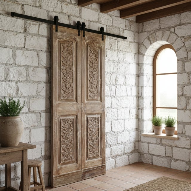 Mid-Century Modern Antique Floral Carved Pantry Double Doors – Hand-Carved Wood, Hinged or Sliding 80x34 For Sale - Image 3 of 3