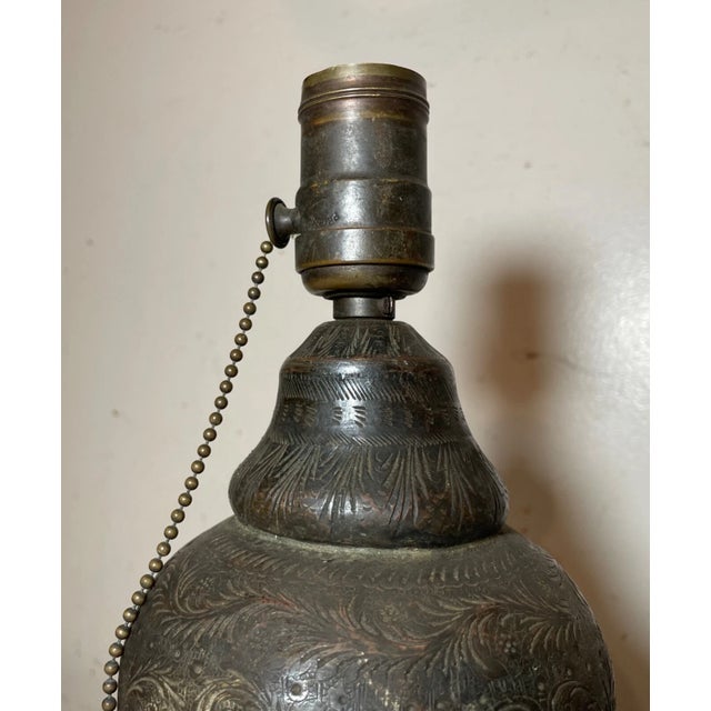 Antique 1800's Hand Tooled Moorish Middle Eastern Islamic Bronze Table Lamp Urn For Sale - Image 9 of 16