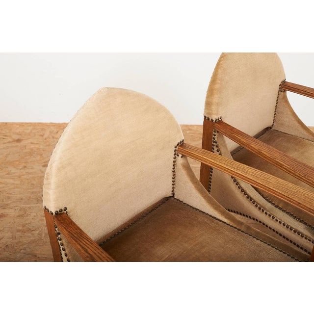 Arts and Crafts Oak Armchairs with Velour Upholstery, Set of 2 For Sale - Image 10 of 13