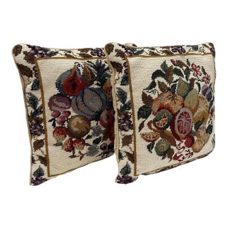 Hand-Done Needlepoint Fruit Pillows with Down/Feather Inserts- Set of 2 For Sale