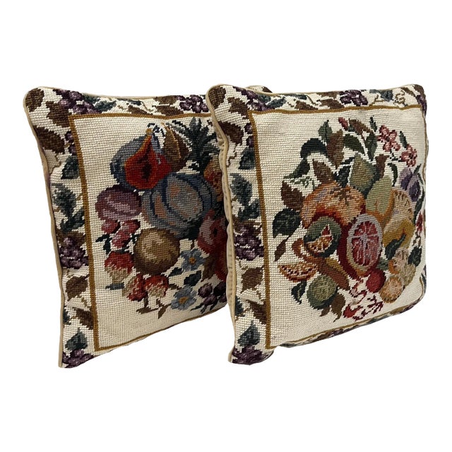 Hand-Done Needlepoint Fruit Pillows with Down/Feather Inserts- Set of 2 For Sale