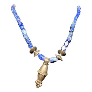 Mid 20th Century Sterling Silver Disc Beads and Pyrite Included Lapis Lazuli Necklace. For Sale