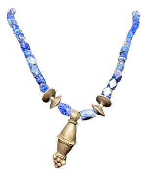 Mid 20th Century Sterling Silver Disc Beads and Pyrite Included Lapis Lazuli Necklace.