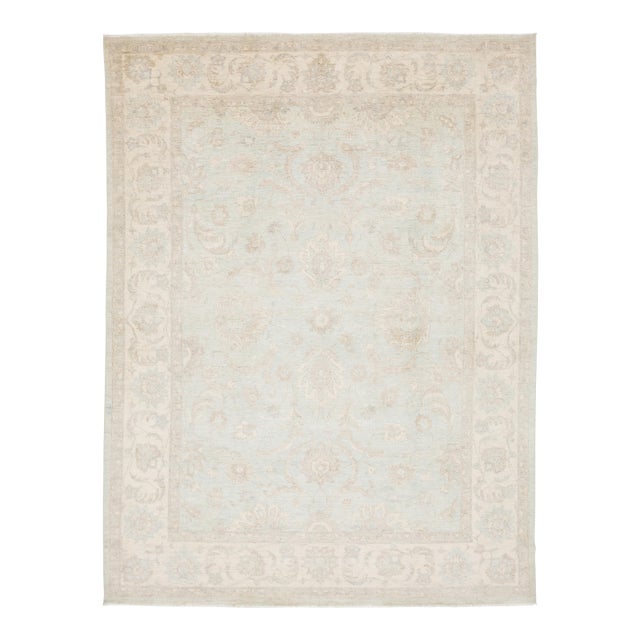 Serene Sky: Modern Peshawar Hand-Knotted Wool Rug 9x12 For Sale