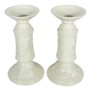 Antique Royal Worcester Crown Ware England Porcelain White Raised Fruit Beaded Rim Candlesticks, a Pair
