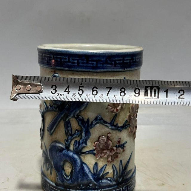 Mid 20th Century Vintage Relief Carved Ceramic Brush Pot With Bird and Floral Motifs For Sale - Image 5 of 8
