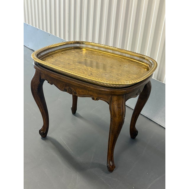 Wood Vintage Wood Queen Anne Style Table With Removable Brass Tray For Sale - Image 7 of 9