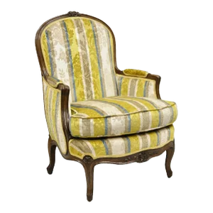 Mid 20th Century Vintage French Louis XV Style Carved Walnut Upholstered Bergere Lounge Arm Chair
