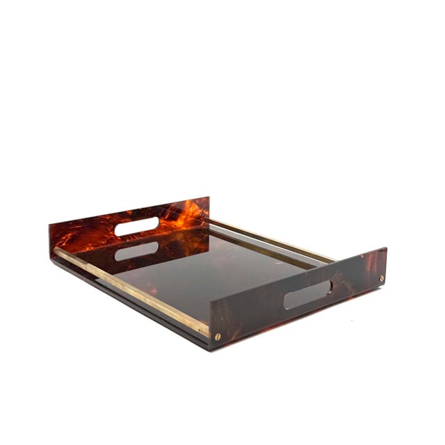 Brass Hollywood Regency Brass and Tortoiseshell Lucite Tray, Italy 1970s For Sale - Image 8 of 10