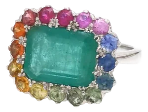 Natural 5.96 cts Zambian emerald & 1.46 cts rainbow sapphire ring in 18k gold