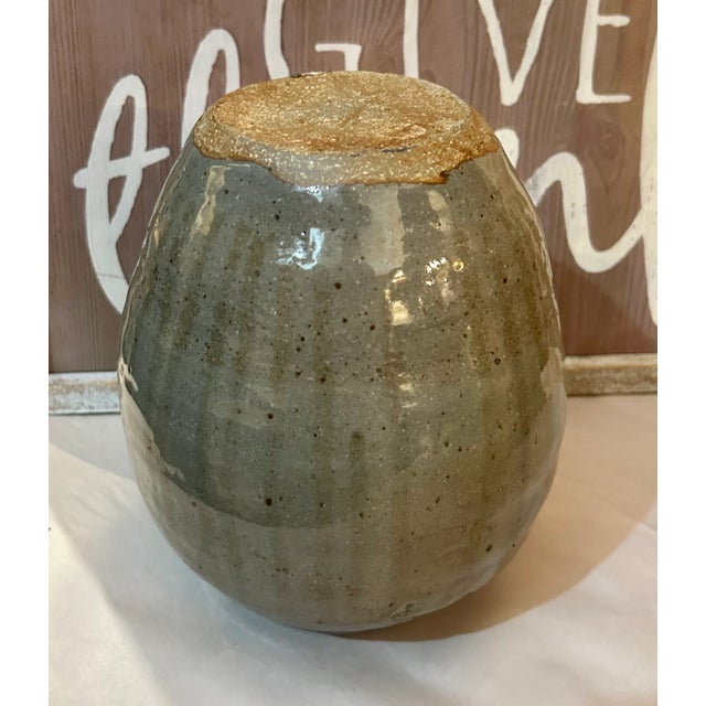 Vintage Rustic Weathered Green Glazed Pottery Vase with specks of brown. Inside is glazed as well. Nice farmhouse decor. 8...