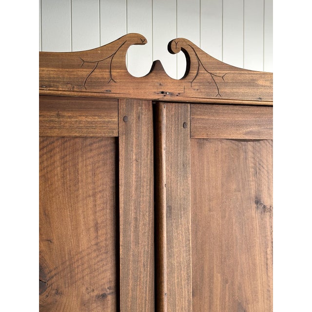 Brown Antique Pine Cupboard Cabinet With Carved Crest For Sale - Image 8 of 18