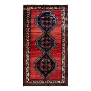 Vintage Handmade Shiraz Red Multi Medallion Wool Rug 5'11" X 10'11" For Sale