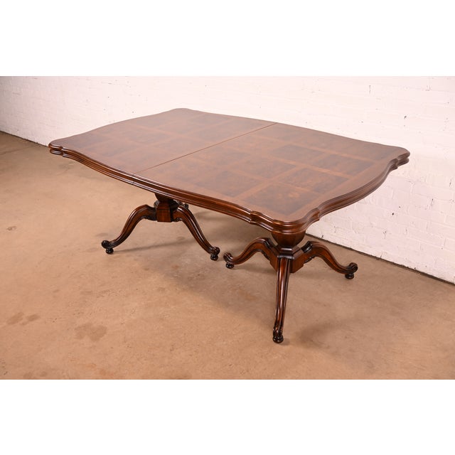 Brown Baker Furniture Style French Regency Walnut and Burl Wood Double Pedestal Extension Dining Table, Newly Refinished For Sale - Image 8 of 14
